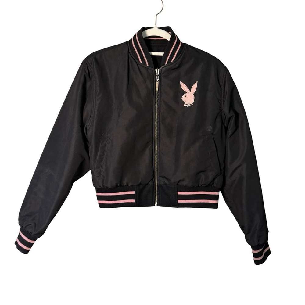PLAYBOY Vintage Y2K Reversible Black and Pink Leather Letterman’s Jacket Size M - Picture 5 of 16